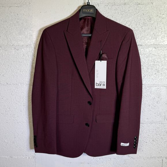 Bar III Men's Slim-Fit Wool Blend Suit Jacket Berry Red 36S $425 - Picture 1 of 9